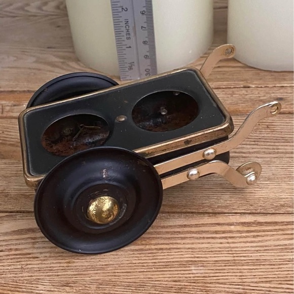 Vintage Mid-Century Brass & Glass Salt and Pepper Shakers | MCM Wheelbarrow Cart - Picture 4 of 10